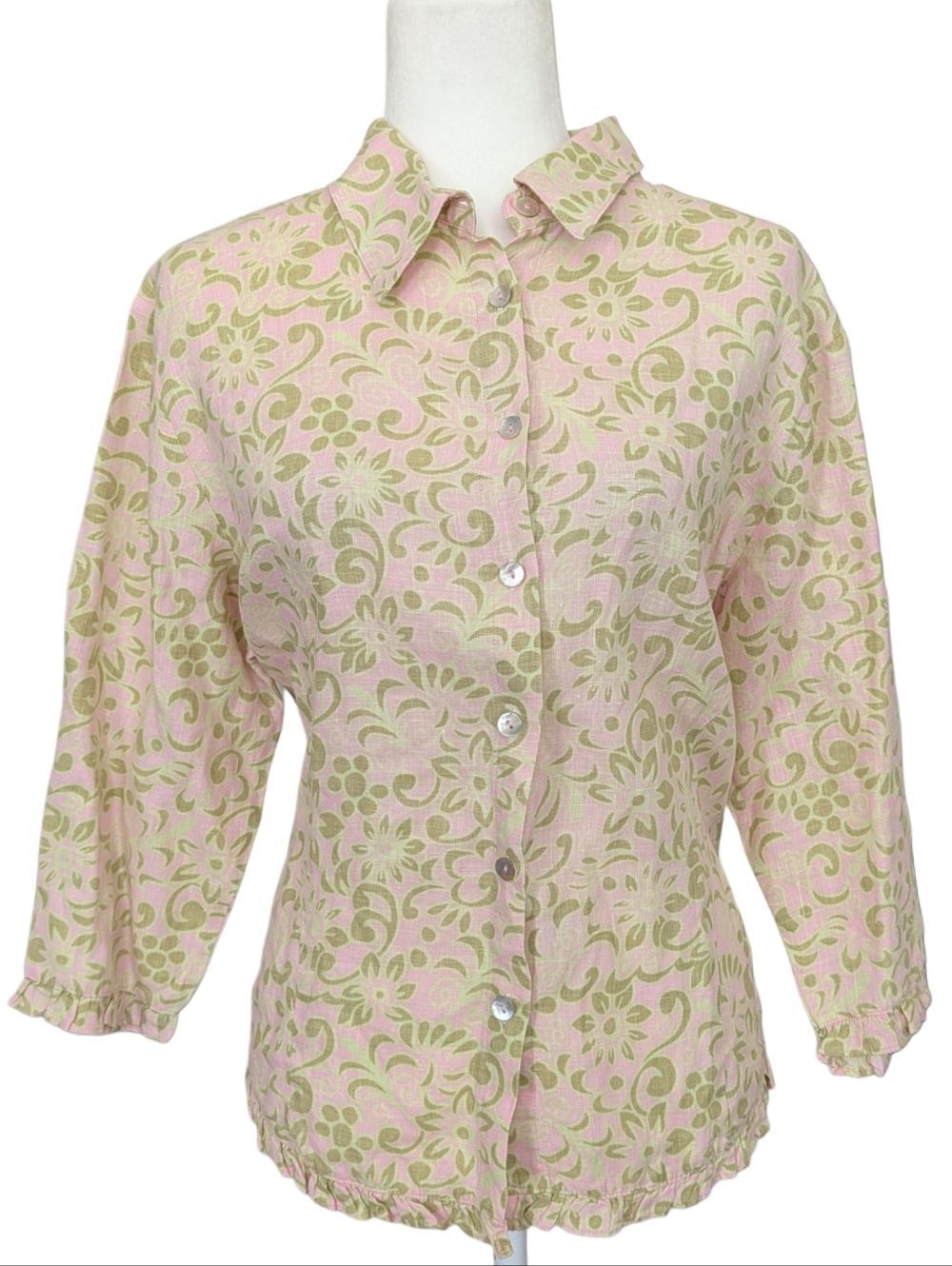 Aegean Womens Pink Green Linen Paisley Floral 3/4 Sleeve Button Up Shirt Medium